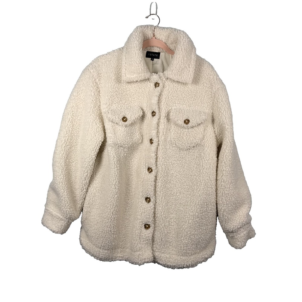 1 State Sherpa Jacket Shacket Cream Button Cozy Comfy Size 1X